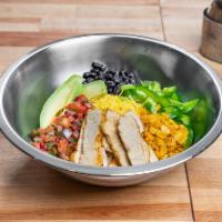 Protein Bowl · Pinto beans, black beans, roasted corn, peppers, avocado, pico de gallo. Yellow rice or brow...