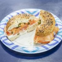 3. Slippery Salmon on Bagel · Salmon, tomato, cream cheese, onion, and capers.