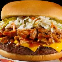 Shaniac Burger · Juicy cheeseburger topped with chopped BBQ pork, fresh coleslaw, pickles and original BBQ sa...