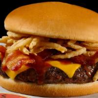 Cowboy Burger · Cheeseburger basted with our original BBQ sauce, topped with crispy fried onions and bacon o...