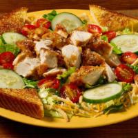 Chicken Tender Salad · Fried tenders on crisp greens garnished with tomatoes, cucumbers, shredded cheese, onion cri...