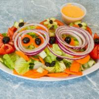 Garden Salad · Lettuce, tomato, baby carrot, red onion, olives, cucumber and pepperoncini.