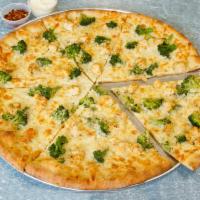 5. Chicken and Broccoli Pizza · A thin layer of fresh garlic, marinated grilled chicken and fresh broccoli with mozzarella c...
