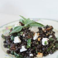 Lentil Salad  · Black lentils, raisins, feta cheese, mint, balsamic vinaigrette, topped with almonds (gf) 