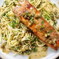 Salmon Piccata · Spaghetti topped with grilled salmon in a capers ＆ garlic white wine sauce.