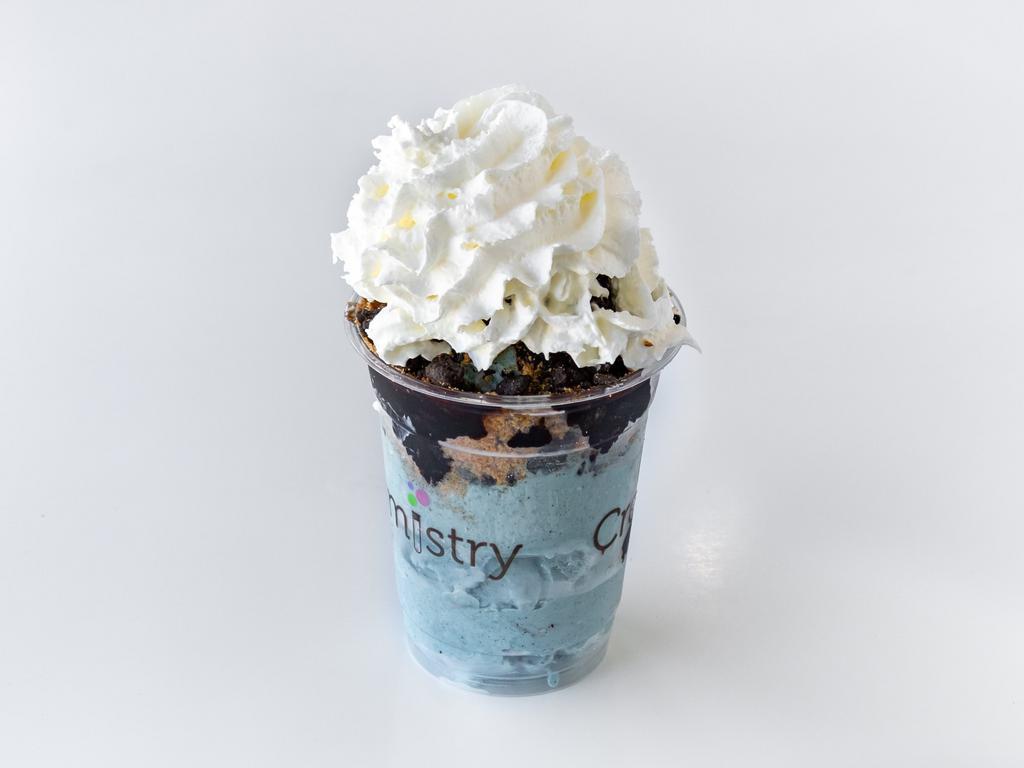 Cookie Monster Blues · Cookie monster ice cream layered with chips ahoy, oreos and chocolate fudge
