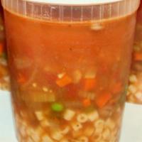Minestrone Soup · Pasta, peas beans, carrots, onion, celery, tomato, oregano, basil, fresh garlic, bayleaf, bl...