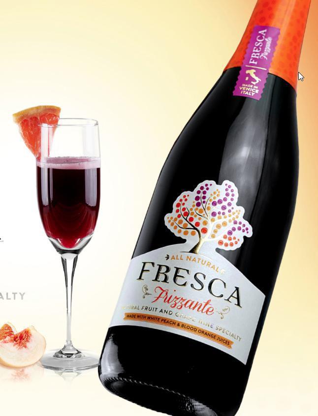 Fresca Black Bellini, 750ml (ABV 6.5%) · Fresca Frizzante is a refreshing specialty beverage with a touch of bubbles: a unique blend of Italian wine and natural fruit juices. Ripe white peaches and blood oranges are grown in the picturesque Italian countryside. No artificial flavors, preservatives, or colors are added.
Semi-sweet