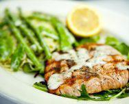 Grilled Salmon · Grilled salmon with asparagus and peapods in a creamy dill sauce & Angel hair pasta	