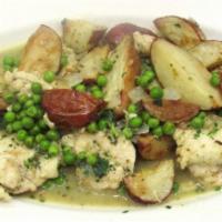 Chicken Vesuvio · Chicken breast with roasted potatoes and peas in a lemon wine sauce.	GF