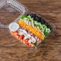 Chef Salad · Ham, turkey breast, cheddar cheese, olives, mushrooms, cucumber, tomatoes, and choice of dre...