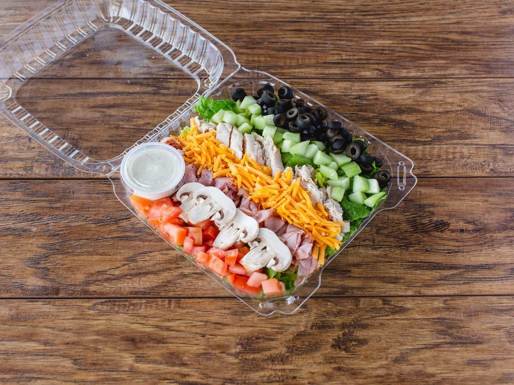 Chef Salad · Ham, turkey breast, cheddar cheese, olives, mushrooms, cucumber, tomatoes, and choice of dressing.
