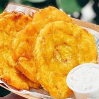 Crispy tostones · Crispy seasoned Tostones paired with one of our signature sauces