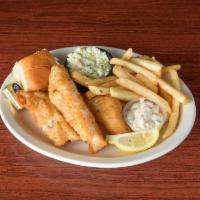 Fish and Chips · Perch with coleslaw, fries, and tartar. Lightly beer battered.