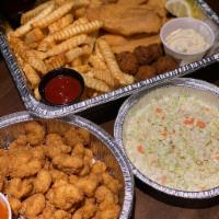 Fish Fry Family Meal · 4 fish fillets, 1 pound of popcorn shrimp, fries, coleslaw, and hushpuppies