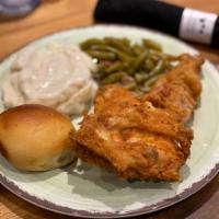 1/4 Chicken dinner (dark meat) · 2 pieces, mashed potatoes with country gravy, and green beans