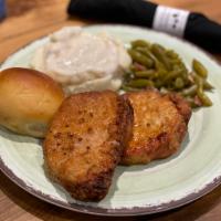 Broasted Pork Chops · Mashed potatoes with Country Gravy and Green Beans