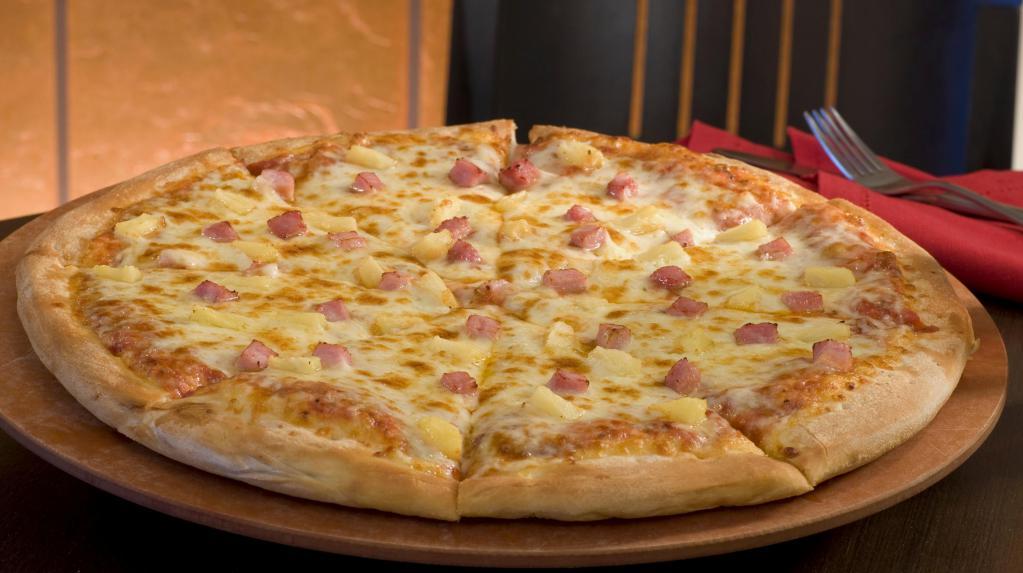 Hawaiian Pizza · Thick, red sauce, mozzarella, pineapple and ham.