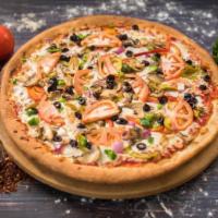 Vegetarian Pizza · Thick, red sauce, mozzarella, black olives, onions, mushrooms, sweet peppers, green peppers ...