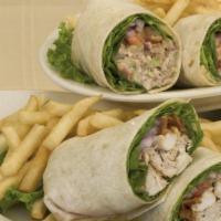 Grilled Chicken Wrap · Honey mustard, grilled chicken, bacon, lettuce, tomato, onions and fries.
