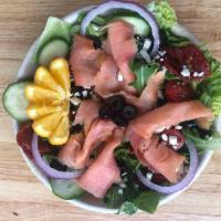 Mediterranean Salad · Romaine lettuce, cherry tomatoes, black olives, red onions, cucumber, sun dried tomatoes, fe...