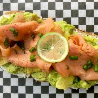 Pink Thing Bruschetta · Smoked salmon, cream cheese, avocado, chives, extra virgin olive oil and lime.