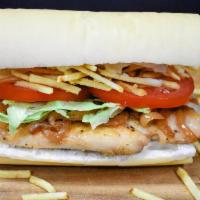 #3 Chicken Sandwich (Pollo) · Chicken breast marinate, onions, lettuce, tomatoes, and potatoes sticks.