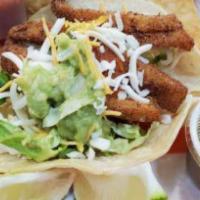 3 Fish Tacos · Soft flour tacos made with breaded mahi-mahi topped with ranch dressing and pico de gallo. S...