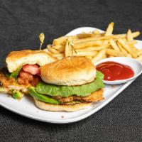 California Chicken Sandwich · Lightly breaded and fried chicken tender, roasted corn chipotle mayo, bacon, lettuce, tomato...