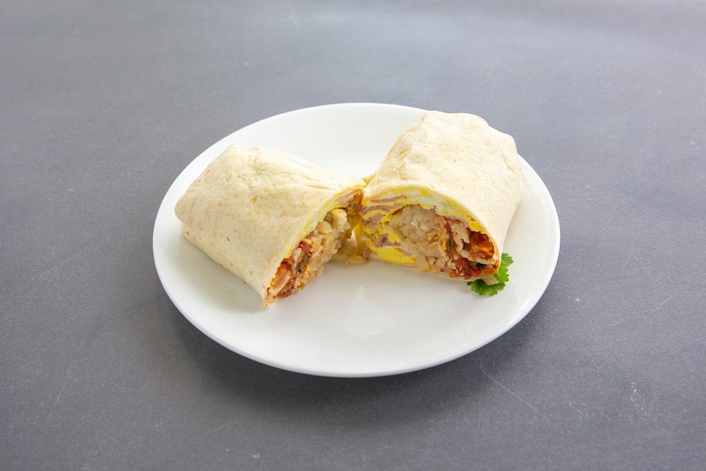 Breakfast Burrito · Egg, potato, cheese, salsa and choice of ham, bacon, sausage or turkey.
