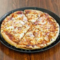 The BBQ Chicken Pizza · Grilled chicken, red onions, BBQ sauce and blended cheese.