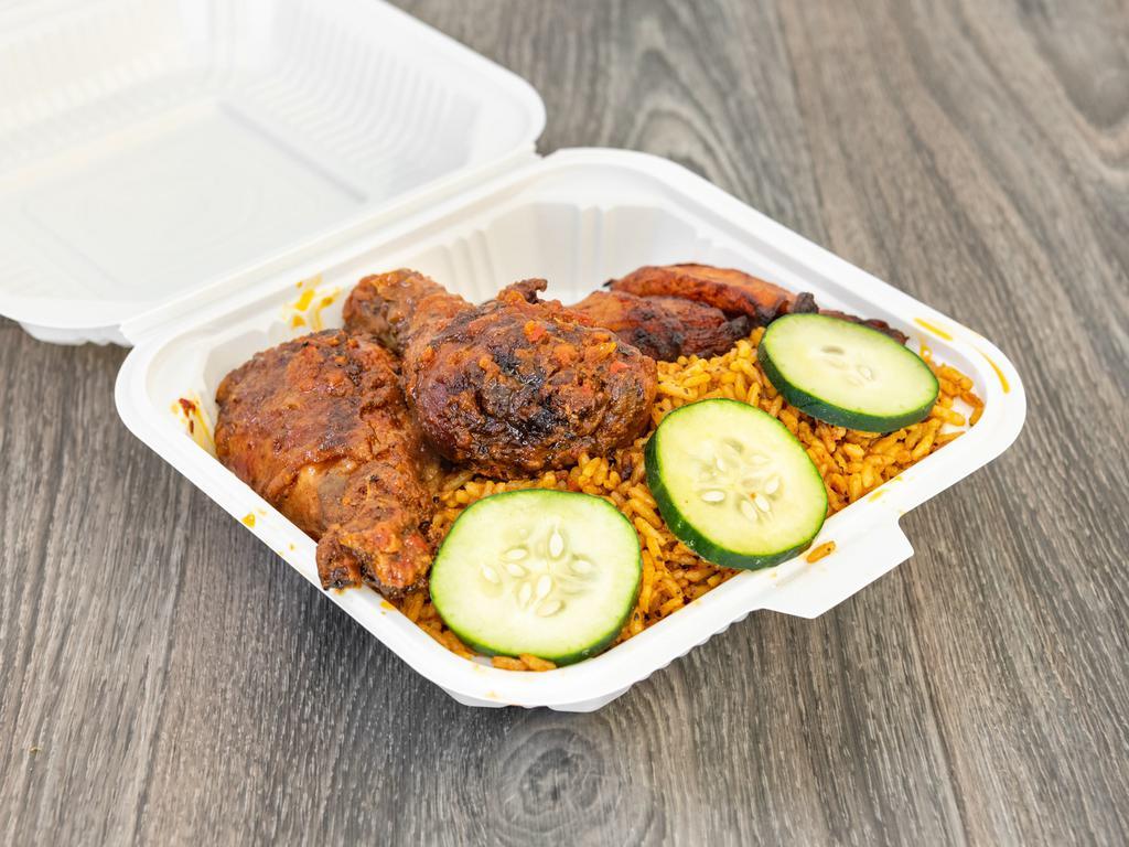 Jollof Rice Platter · lightly sautéed Jollof rice served with cucumber, a choice of meat (oven-baked chicken, stewed oxtail, stewed goat, or stewed beef), and fried plantain