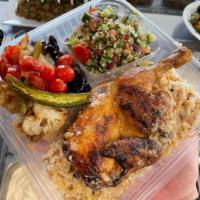 3. Lemon and Garlic Chicken Plate · Lemon, garlic, and a spicy pepper sauce over baked chicken served with Jerusalem rice and tw...