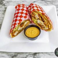 Harry's Chicken Wrap · Tortilla filled with chopped tenders, fries, slaw, pickles, and house sauce. Ad cheese or sl...