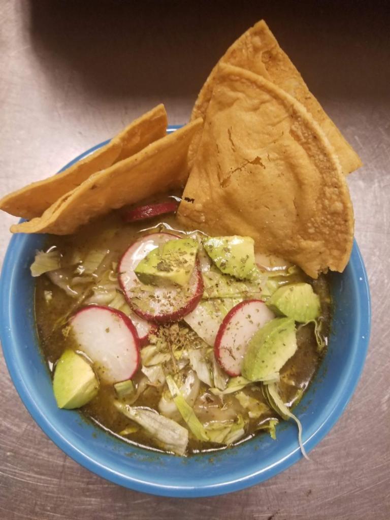 Green Pozole Soup · A traidtional Mexican stew made with hominy, meat, and vegetables. 