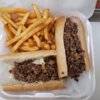 Steak Mushroom Cheese Sub Basket · Served with french fries.