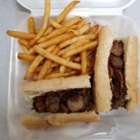 Steak Bomb Sub Basket · Sausage, onion, mushrooms and green peppers. Served with french fries.
