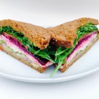 Roasted Beet Sandwich · roasted organic,beets, organic arugula, burrata, avocado,  tomato, garlic, pickled onion, ba...