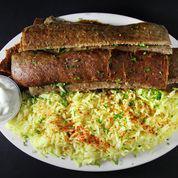 23. Gyro Plate  · Gyro meat served with side salad, 1 cucumber sauce and your choice 1 option of yellow rice o...
