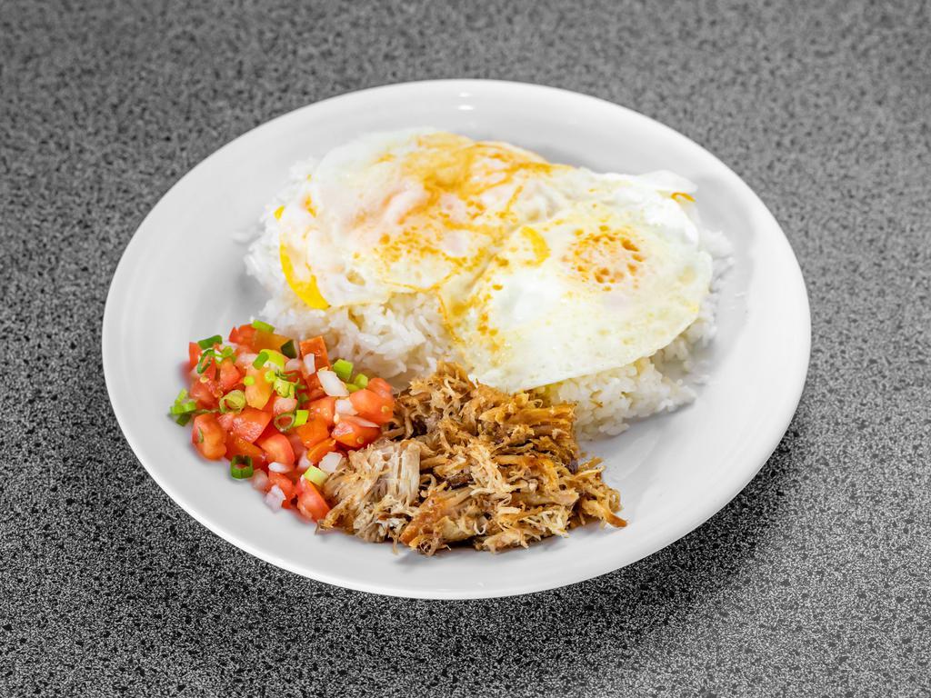 Hawaiian Breakfast · 2 scoops of rice, 2 eggs, Kalua Pig, and Lomi Salmon