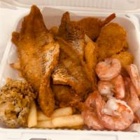 Ultimate Seafood Platter · 2 pieces whiting fish, 2 fried shrimps, 3 pieces scallops, 3 spiced shrimp and 1 small crab ...