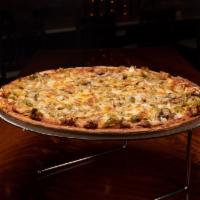 The Perfect Game Pizza · Sausage, green peppers, onions, mushrooms and green olives.