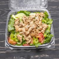 Grilled Chicken Salad Lunch · Sliced plain or marinated chicken on top- a bed of romaine lettuce, tomatoes, cucumbers, gre...