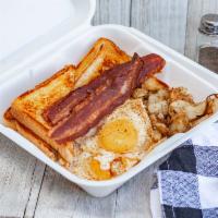 1. Two Bacons, 1 Egg Breakfast · Home fries and toast.