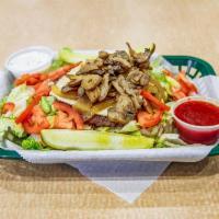 Protein Plate · Mixed green salad with certified Angus beef, grilled onions, grilled mushrooms, pepper jack ...
