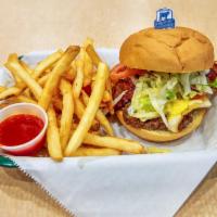 TBP Burger · smoked Bacon, fried egg, lettuce, tomato, mayo