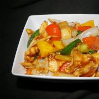 Thai spicy Chicken · Spicy and flavorful chicken sauteed with red peppers, jalapeno,bamboo shoots, onions and chi...