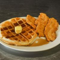 Waffle and Chicken Tenders · 3 tenders, a waffle, syrup, and butter.