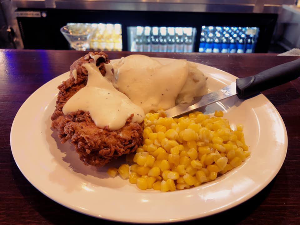 Raya's Chicken Fried Chicken · Just like Grandma’s, hand breaded chicken breast, fresh mashed potatoes, and corn, topped with homemade white pepper gravy.