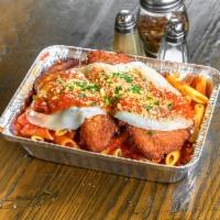 Pasta with Chicken Parmigiana · Breaded chicken cutlet topped with provolone cheese and marinara sauce over ziti pasta.